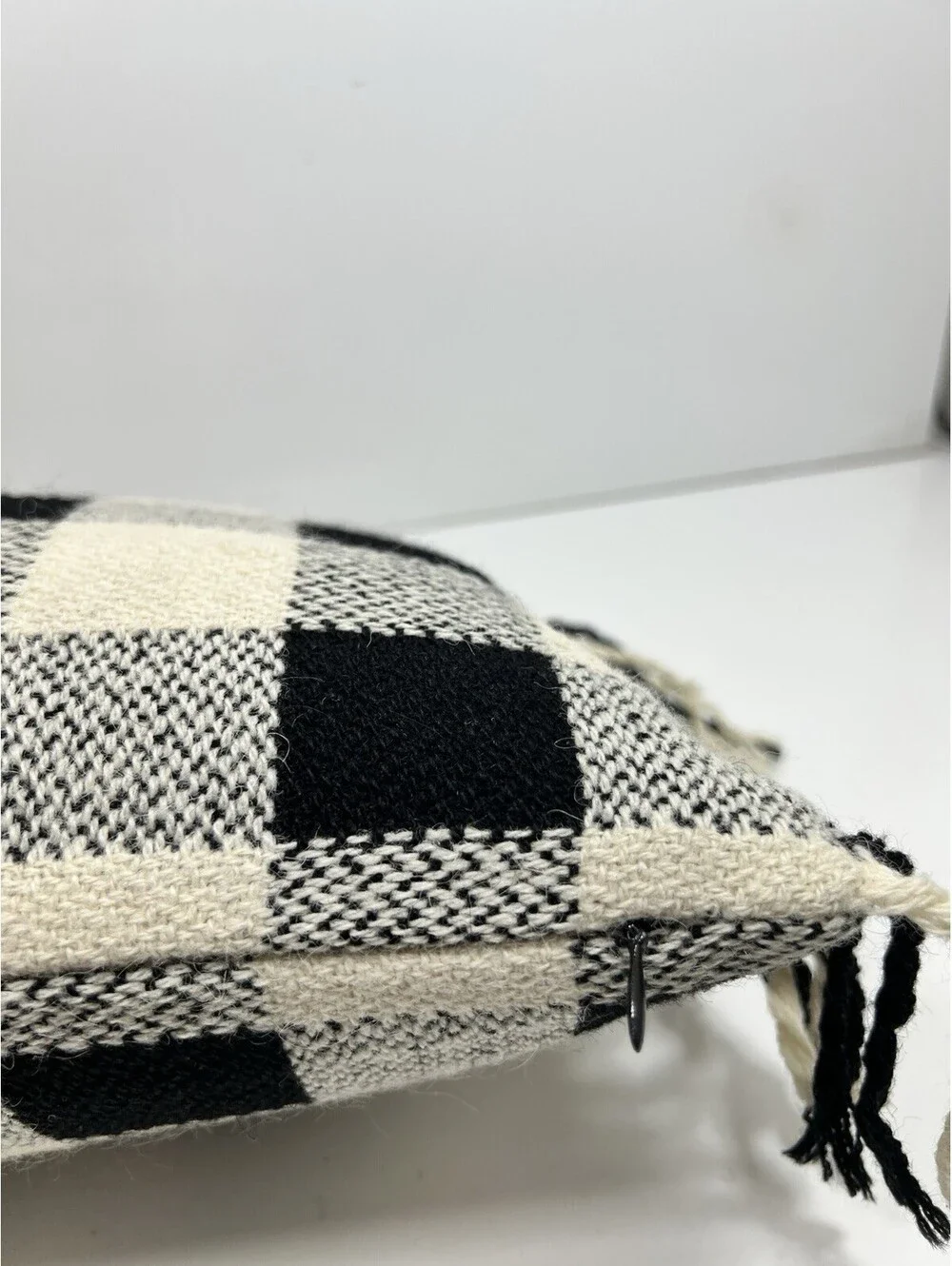 Ralph Lauren Cold Spring Alpaca Black Cream Fringed Decorative Pillow 12x18 Wool